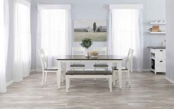 Transitional Blake White & Gray Windsor dining set with upholstered polyester fabric chairs, hardwood and rubberwood solids, featuring classic slat backs.