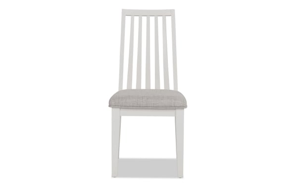 Blake White & Gray Windsor Upholstered Dining Chair with classic slat back, gray polyester fabric seat, and white hardwood frame in transitional style.