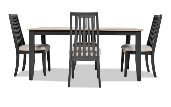 Blake 5 Piece Graphite & Gray Upholstered Dining Set with four cushioned slat-back chairs and extendable 48"-66" table in transitional style, MDF and hardwood solids.