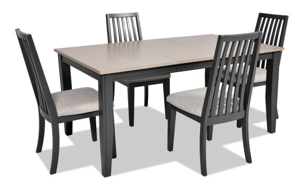 Blake 5 Piece Graphite & Gray Upholstered Dining Set with four cushioned slat-back chairs, extendable MDF and hardwood table in transitional style.