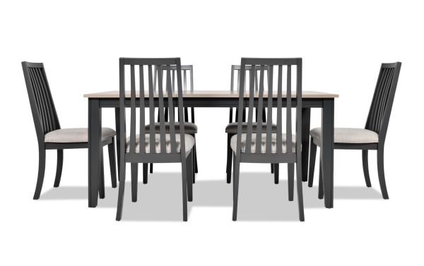 Blake 7 Piece Graphite & Gray Upholstered Dining Set with six cushioned slat-back chairs, extendable MDF and hardwood table, transitional style.