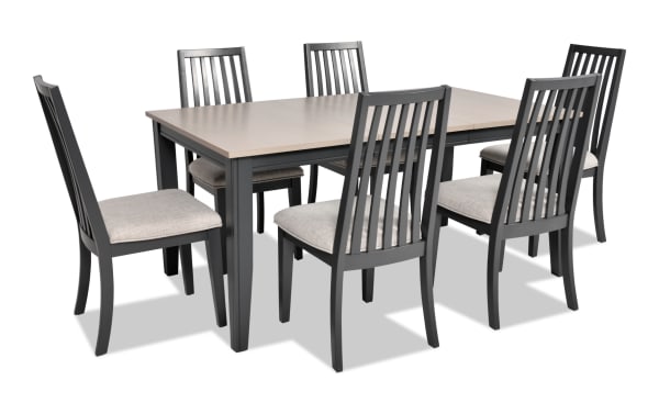Blake 7 Piece Graphite & Gray Upholstered Dining Set with six cushioned slat-back chairs, extendable MDF and hardwood table, transitional style.