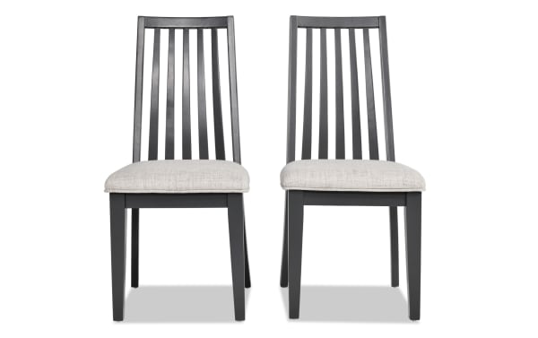 Set of 2 Blake Gray Windsor Upholstered Dining Chairs in gray polyester fabric with hardwood slat backs, transitional style, Blake collection.