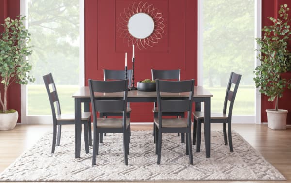 Transitional Blake Gray Windsor dining set with six gray upholstered chairs in fabric polyester and hardwood solids, featuring classic slat backs.