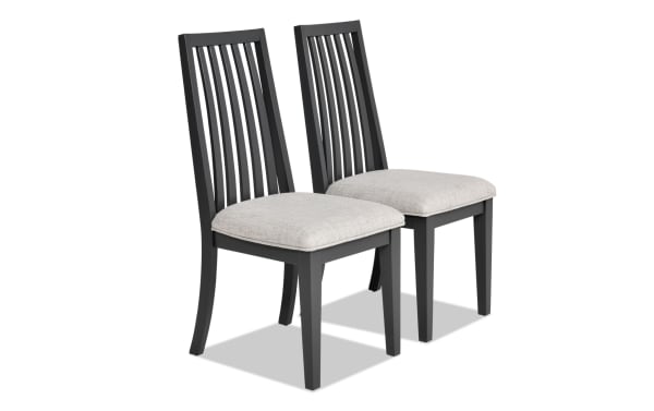 Set of 2 Blake Gray Windsor Upholstered Dining Chairs in gray polyester fabric with hardwood slat backs, transitional style, and cushioned seats.