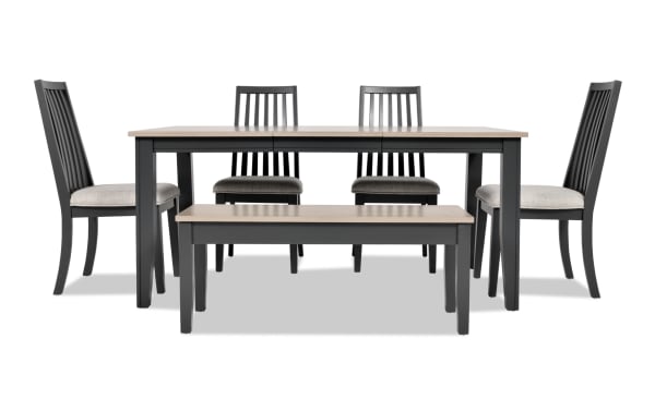 Blake 6 Piece Graphite & Gray Upholstered Dining Set with storage bench, MDF and hardwood solids, transitional style, fabric polyester cushions, extendable table.