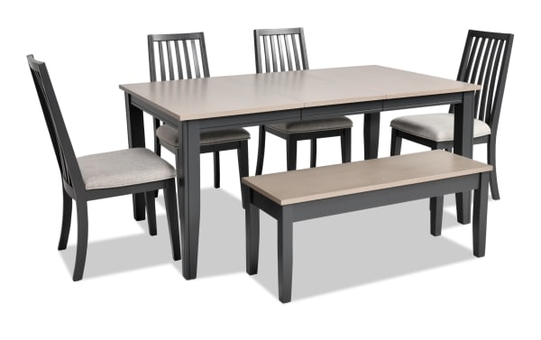 Blake 6 Piece Graphite & Gray Upholstered Dining Set with storage bench, MDF and hardwood solids, transitional style, cushioned slat-back chairs, extendable table with 18" leaf.