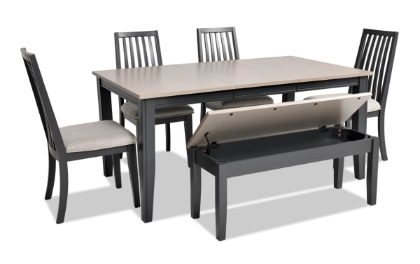 Blake 6 Piece Graphite & Gray Upholstered Dining Set with storage bench, four slat-back fabric chairs, extendable MDF and hardwood table, transitional style.