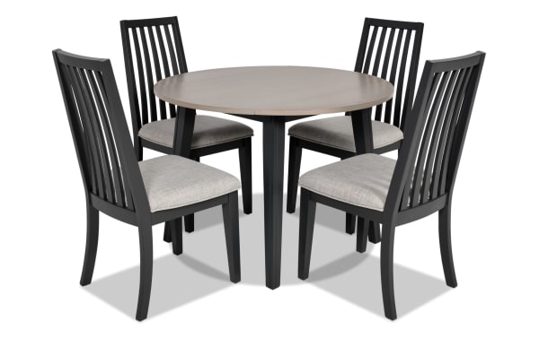 Blake 5 Piece Graphite & Gray Upholstered Dining Set with drop leaf table, four gray fabric polyester cushioned slat-back chairs, MDF and hardwood solids, transitional style.