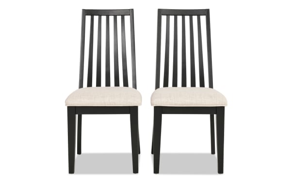Set of 2 Blake Black & Gray Windsor transitional dining chairs with gray polyester fabric upholstery, hardwood and rubberwood solids, and classic slat backs.