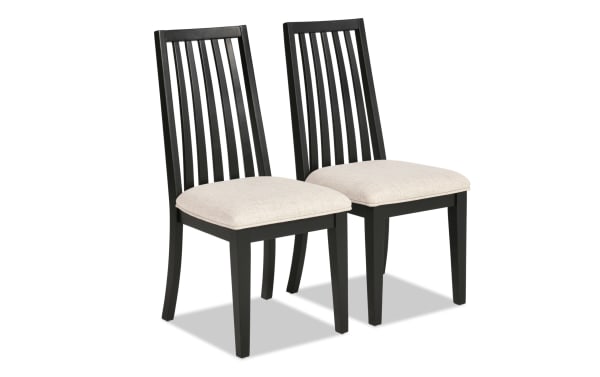 Set of 2 Blake Black & Gray Windsor transitional dining chairs with gray polyester fabric seats, black hardwood slat backs, and tapered legs.