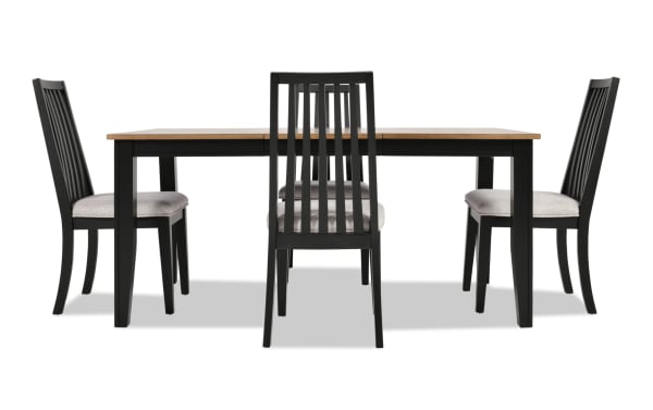 Blake 5 Piece Black & Natural Upholstered Dining Set with extendable farmhouse-style table, four gray polyester fabric cushioned slat-back chairs, MDF and hardwood solids.