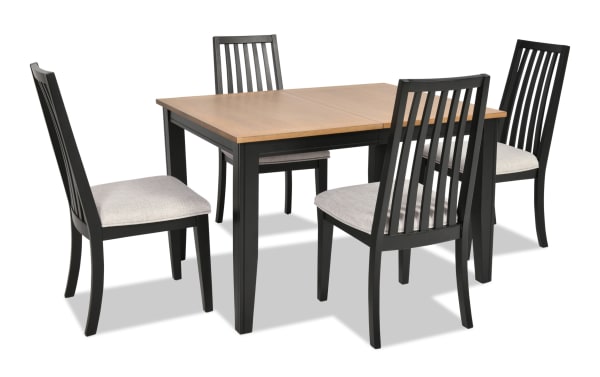 Blake 5 Piece Black & Natural Upholstered Dining Set with extendable 48-66" farmhouse-style table, four gray polyester fabric cushioned slat-back chairs, MDF and hardwood solids.