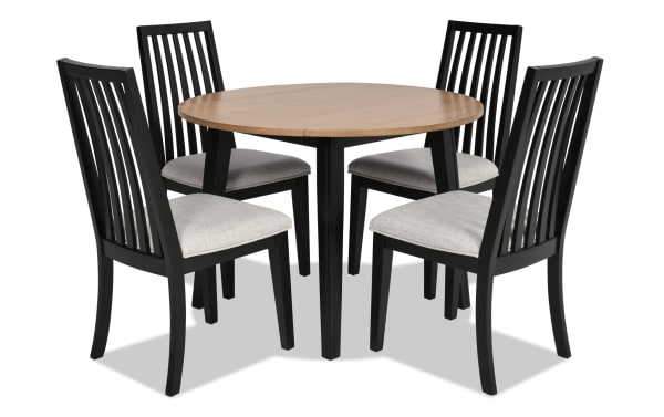 Blake 5 Piece Black & Natural Upholstered Dining Set with drop leaf table, four gray fabric cushioned slat-back chairs, transitional style, MDF and hardwood solids.
