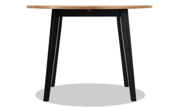 Blake 5 Piece Black & Natural Upholstered Dining Set with drop leaf table and four gray fabric polyester cushioned chairs in transitional farmhouse style.