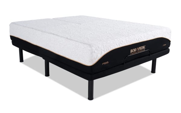 Power Bob Elite Base with Copper Sport Gel 11.5'' Queen Dual Split Head Mattress, plush white cover with copper thread accents, black base, temperature-regulating copper gel memory foam, dual split head for adjustable comfort, Copper Sport collection.