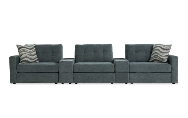 Contemporary Modular Bob® Spa Blue 147'' 5-piece storage sofa set in light blue polyester fabric with memory foam cushions, 2 consoles with storage and USB ports, armless and arm-facing storage chairs.