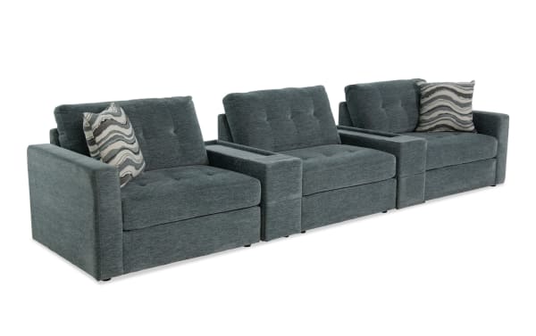 Contemporary Modular Bob® Spa Blue 147'' 5-piece storage sofa set in light blue polyester fabric, featuring memory foam cushions, two consoles with storage and USB ports, and versatile arm-facing and armless storage chairs.