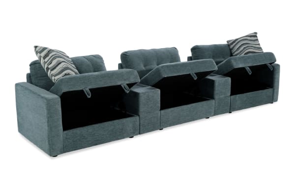 Contemporary Modular Bob® Spa Blue 147'' 5-piece storage sofa in light blue polyester fabric with memory foam cushions, hidden storage, and USB ports.