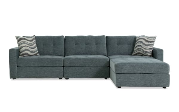Contemporary Modular Bob® Spa Blue 123" 4-piece storage sofa set in light blue polyester fabric with memory foam cushions and hidden storage ottoman.