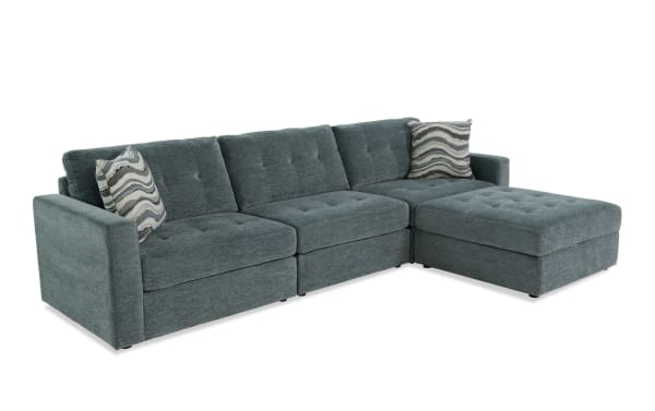 Contemporary Modular Bob® Spa Blue 123'' 4-piece storage sofa set in light blue polyester fabric with memory foam cushions and hidden storage ottoman.