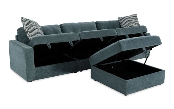 Modular Bob® Spa Blue 123" 4-piece contemporary storage sofa set in light blue polyester fabric, includes armless, left/right arm facing chairs, and storage ottoman with memory foam cushions.