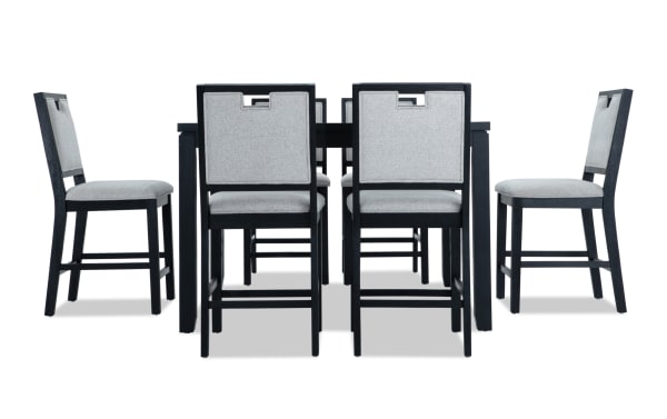 Brookline 7 Piece Black & White Upholstered Counter Height Square Dining Set featuring a white polyester fabric upholstery, solid acacia and rubberwood frame, and transitional style with an extendable MDF and oak veneer table.