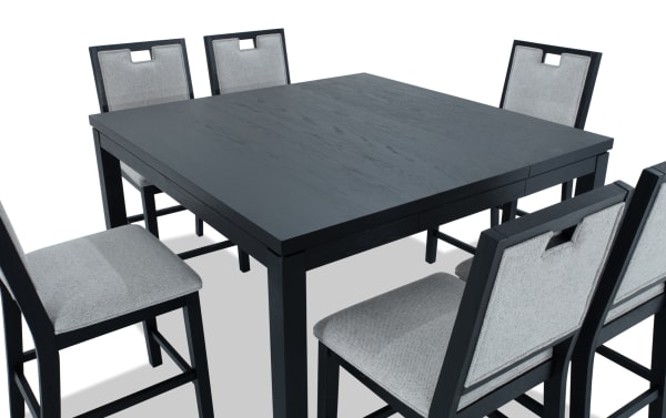 Brookline 7 Piece Black & White Upholstered Counter Height Square Dining Set with polyester fabric chairs, solid wood frame, and extendable MDF table in transitional style.