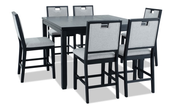 Brookline 7 Piece Black & White Upholstered Counter Height Square Dining Set with polyester fabric chairs, solid wood frame, and extendable table in transitional style.