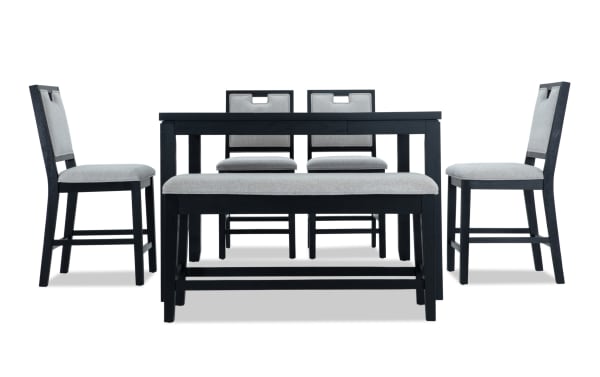 Brookline 6 Piece Black & White Upholstered Counter Height Dining Set with storage bench, MDF and solid wood frame, polyester fabric cushions, transitional style.