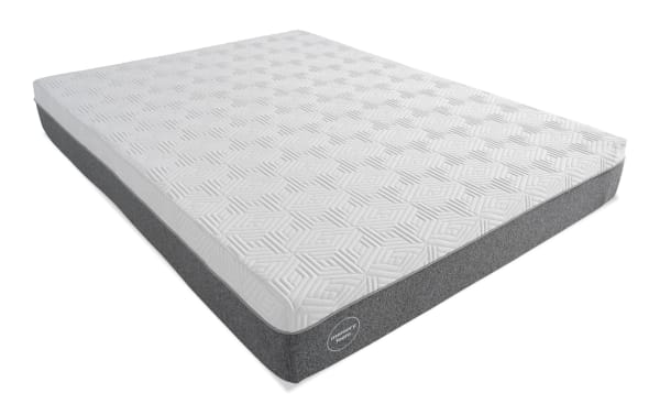 Bob-O-Pedic Zzzoom 10'' firm memory foam mattress with white geometric quilted top and gray fabric sides, designed for full-size beds.
