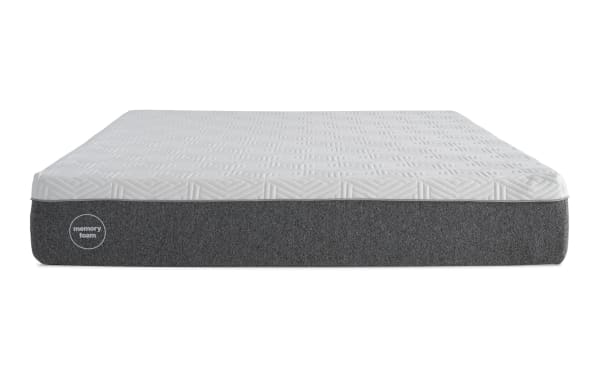 Bob-O-Pedic Zzzoom 10-inch firm queen mattress with white quilted top and dark gray foam base, memory foam for supportive sleep.