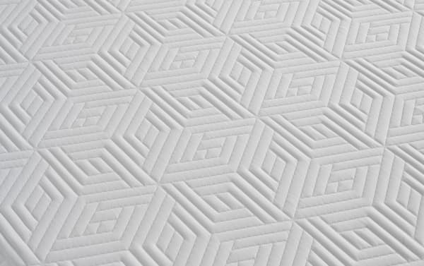 White Bob-O-Pedic Zzzoom 10'' Foam Queen Firm Mattress with geometric quilted hexagon pattern, firm memory foam comfort layer.