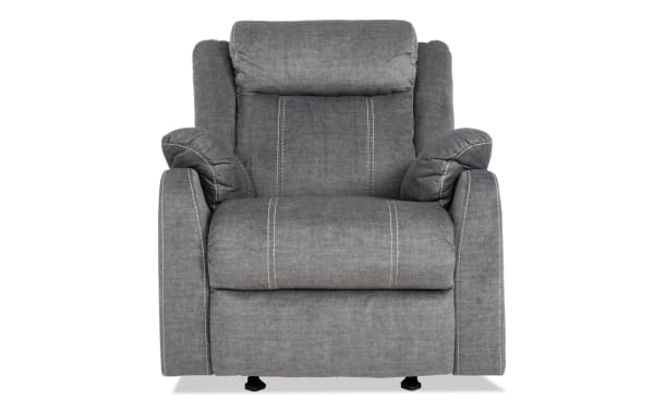 Lagoon Gray Manual Gliding Recliner in transitional style with soft polyester fabric upholstery, padded armrests, and manual reclining function for customizable comfort.