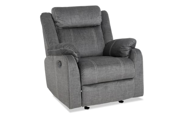 Lagoon Gray Manual Gliding Recliner in transitional style with soft polyester fabric upholstery, plush cushioning, and manual recline lever for adjustable comfort.