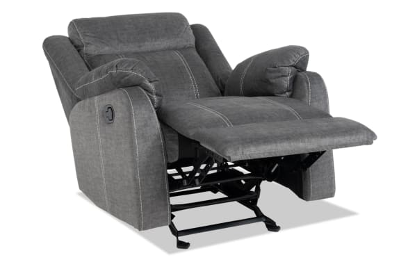 Lagoon Gray Manual Gliding Recliner in transitional style with soft polyester fabric upholstery, featuring plush cushioning and manual recline lever.