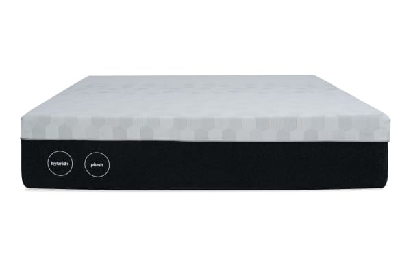 12'' Hybrid Queen Plush Mattress with white hex-patterned top and black base, featuring plush comfort and tight-top tailoring, adjustable base compatible.