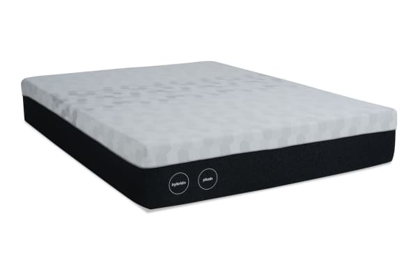 12'' Hybrid Queen Plush Mattress with gray hex-patterned plush top and black base, featuring hybrid+ and plush labels, adjustable base compatible for restful sleep.