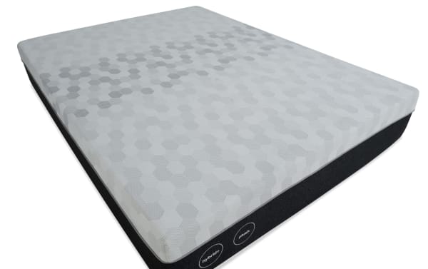 12'' Hybrid Queen Plush Mattress with gray hexagonal patterned plush top and black base, featuring tight-top tailoring and adjustable base compatibility.