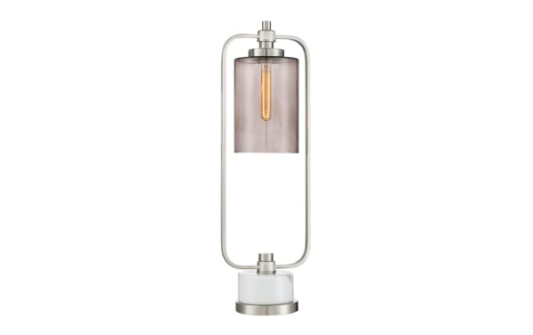 Liam Brushed Nickel & White Marble Table Lamp with transitional style, featuring a brushed nickel frame, cylindrical tinted glass shade, and round white marble base.