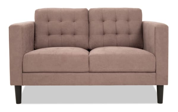 Metro Taupe 57'' Loveseat from Metro collection, transitional style with taupe polyester fabric, tufted back, track arms, and tapered dark legs.