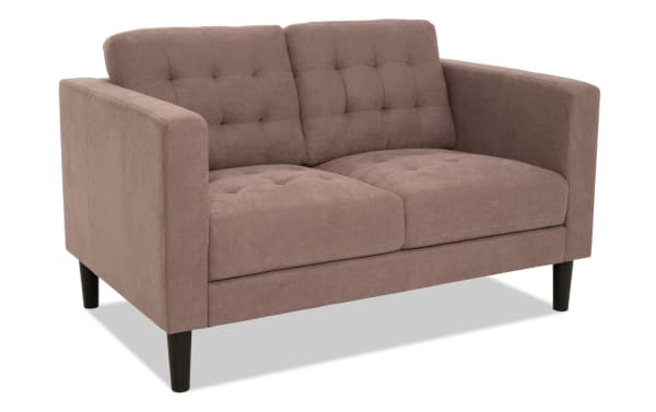 Metro Taupe 57'' Loveseat with tufted polyester fabric upholstery, track arms, and tapered black legs in a transitional taupe beige style.