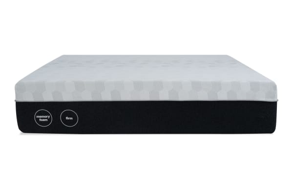 12'' Foam Queen Firm Mattress with white hexagonal-patterned top and black base, featuring firm memory foam for restful sleep and adjustable base compatibility.