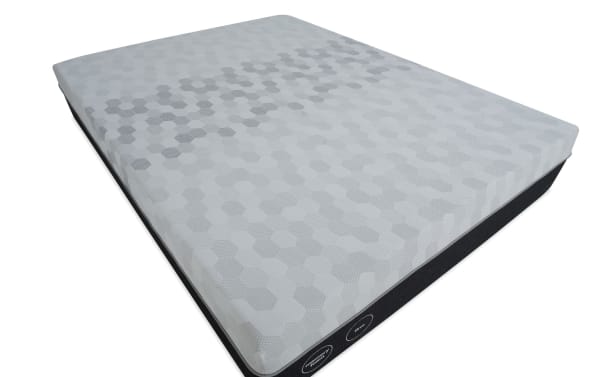 12'' Foam Queen Firm Mattress with gray hexagonal pattern, firm comfort, tight-top design, and black sides, adjustable base compatible for restful sleep.