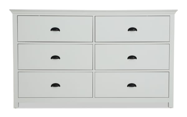 Newport White 6 Drawer Dresser in transitional style with MDF, rubberwood solids, and particle board construction, featuring black cup drawer pulls.