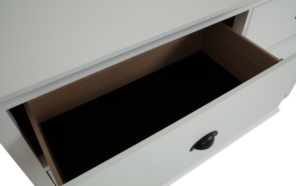 Newport White 6 Drawer Dresser in transitional style, featuring white MDF and rubberwood solids with black cup pull handles, open drawer showing spacious interior.