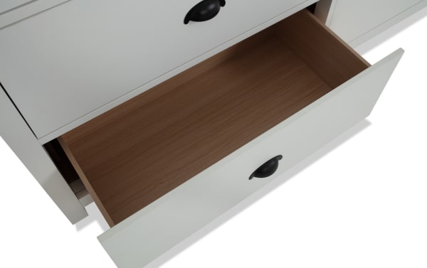 Newport White 6 Drawer Dresser from Newport Bedroom collection, transitional style with white MDF and rubberwood solids, featuring spacious open drawer.