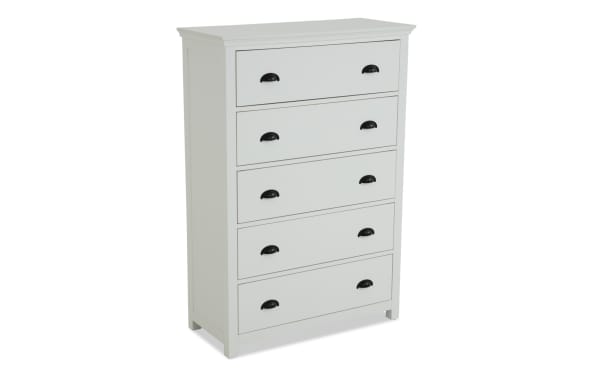 Newport White 5 Drawer Chest in transitional style with black metal cup handles, made of MDF, rubberwood solids, and particle board for bedroom storage.