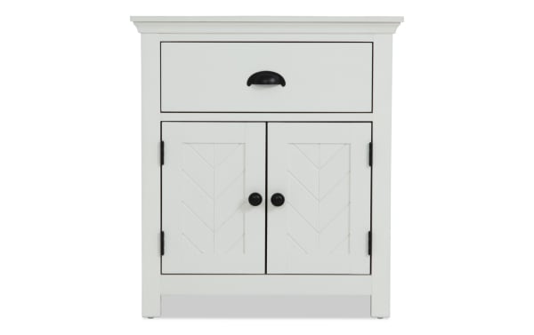 Newport White Nightstand with Drawer from Newport Bedroom collection, transitional style, MDF and rubberwood, features chevron-patterned cabinet and black hardware.