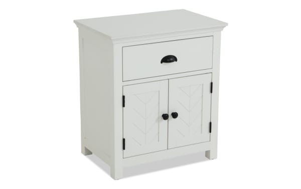 Newport White Nightstand with Drawer from Newport Bedroom collection, transitional style in white MDF and rubberwood with chevron doors and black hardware.